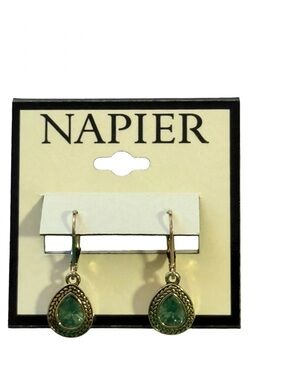 Napier Gold-Tone Dangle Earrings with Green Teardrop Stones